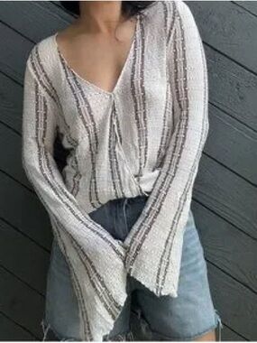 O'Neill Cream Knit V-Neck top with Brown Stripes